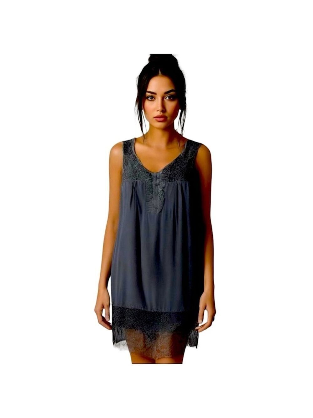 OXMO Black Mini Silk Dress Sz XS Floral Crochet Sleeveless Ruffle Shift
